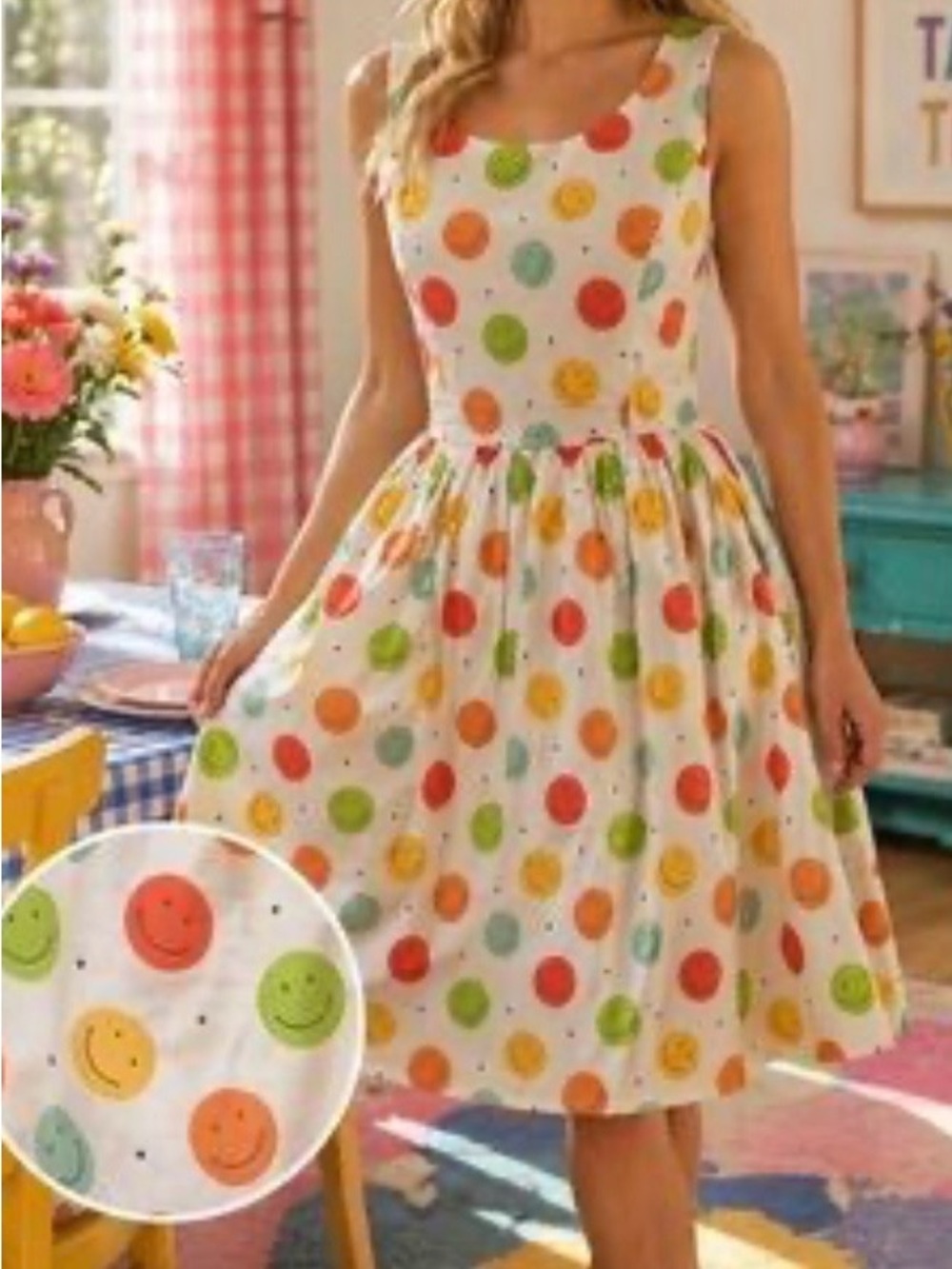 Tulip B NWT Smiley Dot Fit-and-Flare Sundress in White with Colorful Smiley Dots
